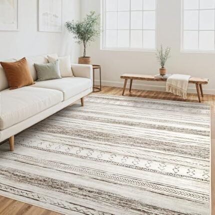 Tortania Area Rug Living Room Rugs - 5x7 Washable Large Soft Neutral Boho Moroccan Bohemian Farmhouse Rug Indoor Floor Carpet for Bedroom Under Dining Table Home Office Decor - Cream Brown