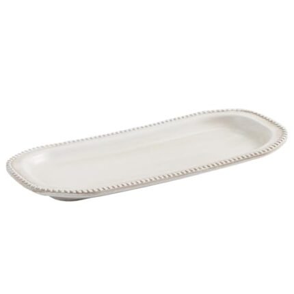 Vintage White Decorative Tray for Home Farmhouse Decor, Coffee Table Trays for Bathroom Ottoman, Dotted Edge Oval Trays for Jewelry Perfume Organizer, Small Table Tray for Centerpieces