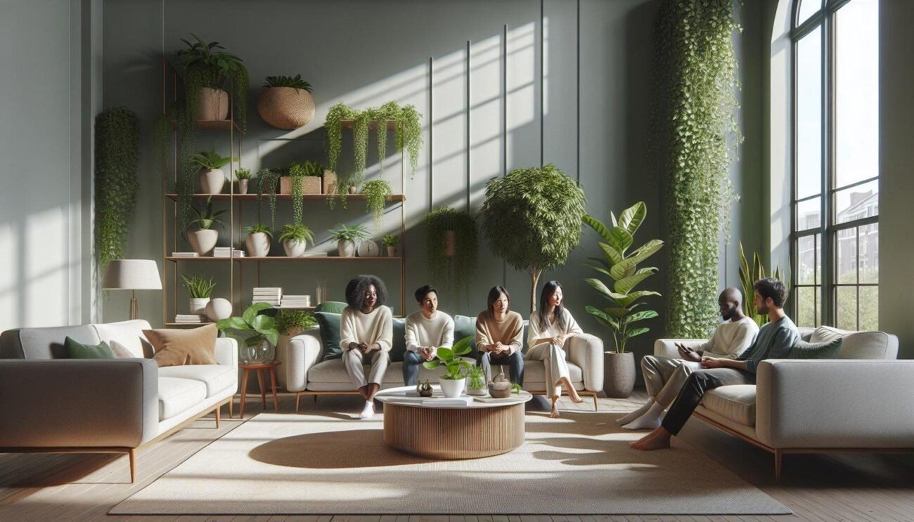 How can I add plants to my living room decor to create a calming environment?