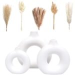 VELOVA Set of 3 White Ceramic Vase with 65 PCS Dried Pampas Grass Flowers Aesthetic Boho Modern Small Round Cute Vases for Decor Living Room Coffee Table Shelf Bedroom Office Desk Home Gifts Women Mom