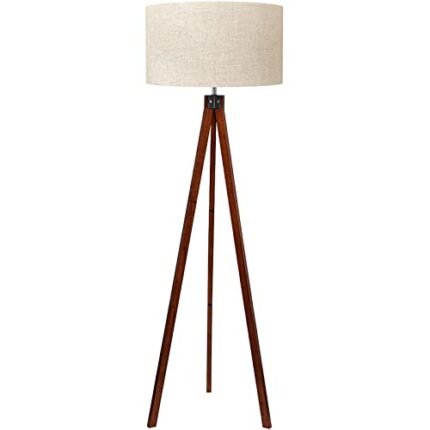 LEPOWER Wood Tripod Floor Lamp, Mid Century Standing Lamp, Modern Design Studying Light for Living Room, Bedroom, Study Room and Office, Flaxen Lamp Shade with E26 Base Brown