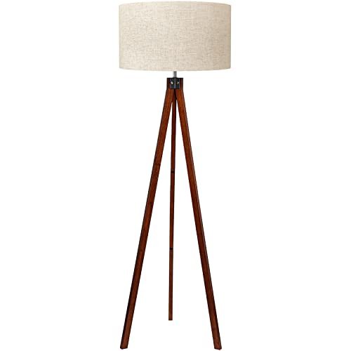 LEPOWER Mid-Century Wood Tripod Floor Lamp with E26 Base: Modern LEPOWER Wood Tripod Floor Lamp, Mid Century Standing Lamp, Modern Design Studying Light for Living Room, Bedroom, Study Room and Office, Flaxen Lamp Shade with E26 Base Brown