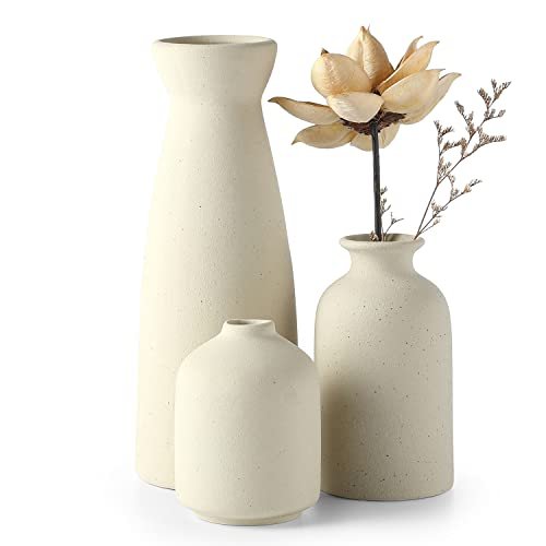 CEMABT Beige Ceramic Vase Set of 3 - Modern Boho CEMABT Beige Ceramic vase Set-3 Small Flower vases for Decor,Modern Boho Farmhouse Home Decor,Decorative vase for Pampas Grass&Dried Flowers,idea Shelf,Table,Bookshelf ,Entryway- Distressed