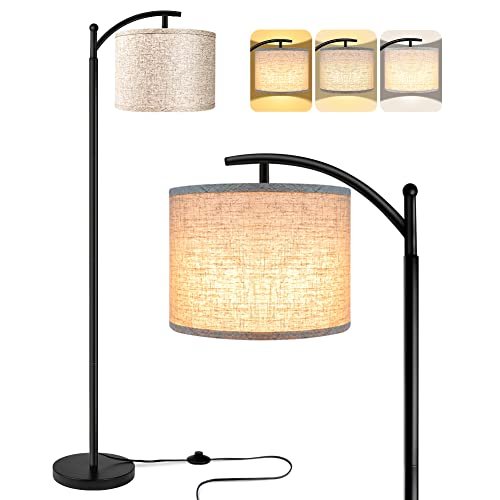 ROTTGOON Industrial Floor Lamp with 3 Color Temperatures, 9W LED ROTTOGOON Floor Lamp for Living Room with 3 Color Temperatures LED Bulb, Standing Lamp Tall Industrial Floor Lamp Reading for Bedroom, Office (9W LED Bulb, Beige Lampshade Included) -Black