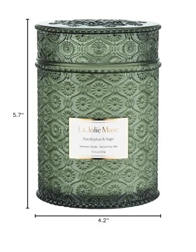 417mwY0ma6L._SL500_.jpg LA JOLIE MUSE Eucalyptus & Alpine Sage Scented Candles: Large 19oz Wood Wick, 90-hour Burn, Decorative Glass, Natural Soy Wax. - Image 8