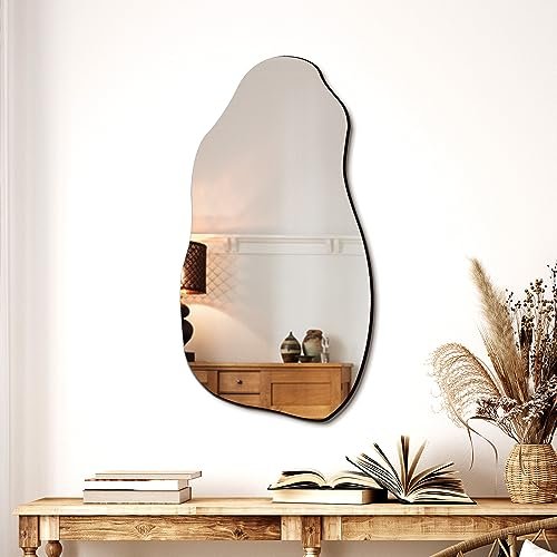 Modern Irregular Asymmetrical Wall Mirror for Living Room, Bathroom, Entryway TRAHOME Irregular Asymmetrical Wall Mirror for Living Room Bathroom Entryway, Modern Decorative Mirror Hanging (Hook Style, 31.5'' x 17.7'')
