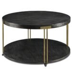 Ripros 35-Inch Round Coffee Table with Wheels, 2-Tier Rustic Design, Textured Wood & Gold Legs - Image 7