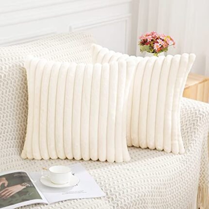 Pallene Faux Fur Plush Throw Pillow Covers 18x18 Set of 2, Luxury Soft Fluffy Striped Decorative Spring Pillow Covers for Sofa, Couch, Living Room, Cream White