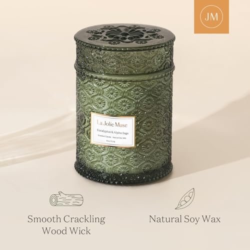 41BxzWSy16L._SL500_.jpg LA JOLIE MUSE Eucalyptus & Alpine Sage Scented Candles: Large 19oz Wood Wick, 90-hour Burn, Decorative Glass, Natural Soy Wax. - Image 5