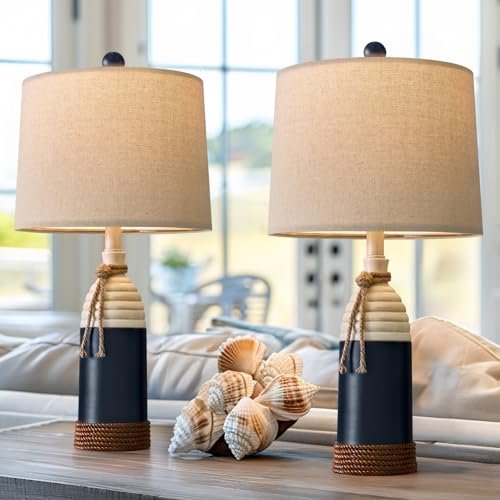 41InF9MNCKL._SL500_.jpg OYEARS Set of 2 Table Lamps - 23.75" Nautical Bedside Lamps, Coastal Ocean Style in Navy Blue. - Image 3
