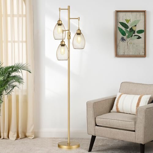 41JanvX2NqL._SL500_.jpg Dimmable Gold Tree Floor Lamps with 3 Teardrop Cage Heads - 800 Lumens LED for Living Room & Office - Image 7