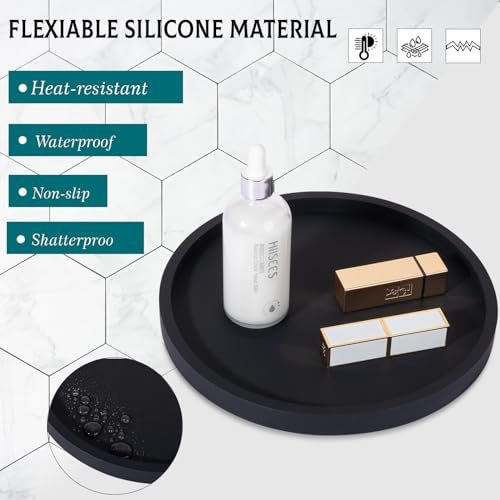41M5wHeIAvL._SL500_.jpg Round Black Silicone Bathroom Tray - 9 Inch Vanity Soap Holder & Kitchen Countertop Organizer - Image 4