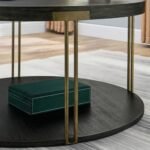 Ripros 35-Inch Round Coffee Table with Wheels, 2-Tier Rustic Design, Textured Wood & Gold Legs - Image 5