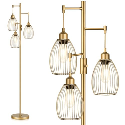 Dimmable Gold Tree Floor Lamps with 3 Teardrop Cage Heads Dimmable Industrial Floor Lamps for Living Room, Gold Tree Standing Tall Lamps with 3 Elegant Teardrop Cage Head & 800 Lumens LED Bulbs for Bedroom Office