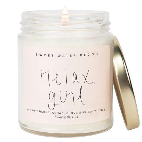 Sweet Water Decor Relax Girl Candle: Peppermint, Cedar, Clove & Sweet Water Decor, Relax Girl, Peppermint, Cedar, Clove, and Eucalyptus Scented Soy Wax Candle for Home | 9oz Clear Jar, 40 Hour Burn Time, Made in the USA