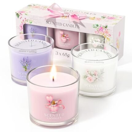 CHILLFLAME Scented Candles, Scented Candle Gift Set for Stress Relief, 3 Votive Candles for Women and Men, Birthday Candle Gifts for Women, Christmas Candles for Women (Pink + Purple + White, 7 oz)