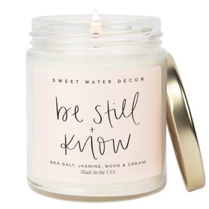 Sweet Water Decor, Be Still and Know, Sea Salt, Jasmine, Cream, and Wood Scented Soy Wax Candle for Home - Christian Candle Gifts for Women - 9oz Clear Jar, 40 Hour Burn Time, Made in the USA