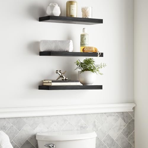 41THER92yNL._SL500_.jpg BAYKA Floating Wall Shelves - Rustic Black Wood Shelves for Bathroom, Bedroom, Living Room, Kitchen (Set of 3, 15.7in) - 22lbs Capacity for Books & Decor. - Image 4