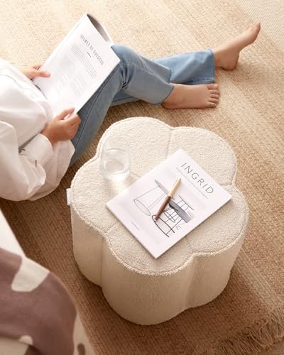 41U1FFg8qVL._SL500_.jpg Blissful Diary Floral Pouf Ottoman - Comfy Off-White Floor Seating for Living Room, Bedroom, Kids Room - Image 6