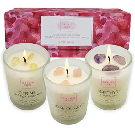 ORCHID AURA Soy Candles with Healing Crystals. Citrine, Rose Quartz, Amethyst Crystal. Eucalyptus + Lemongrass, Jasmine + Sandalwood, Clary Sage + Lavender. 3PC Scented Candle Set, 2.47oz Each