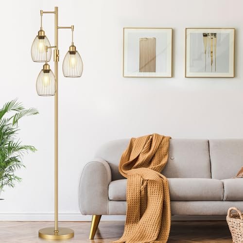 41XYIbMThzL._SL500_.jpg Dimmable Gold Tree Floor Lamps with 3 Teardrop Cage Heads - 800 Lumens LED for Living Room & Office - Image 5
