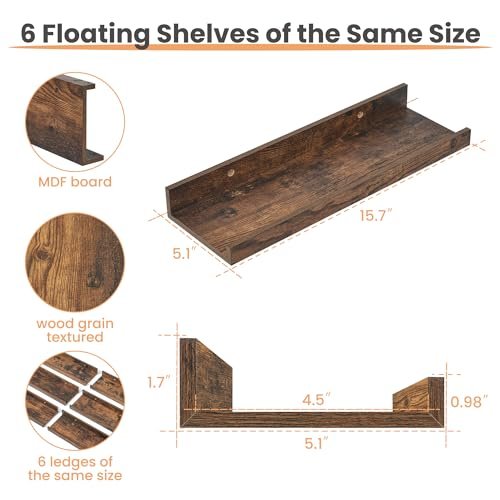41ZQObDSUL._SL500_.jpg Upsimples Floating Wall Shelves Set of 6 - Wooden Decor Storage for Bedroom, Living Room, Kitchen, and Bathroom. - Image 3