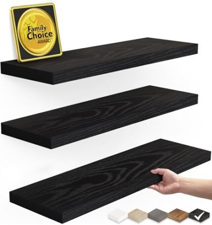 BAYKA Floating Shelves for Wall, Wall Mounted Rustic Wood Shelves for Bathroom, Bedroom, Living Room, Kitchen, Hanging Shelf for Books/Storage/Room Decor with 22lbs Capacity (Black, Set of 3, 15.7in)
