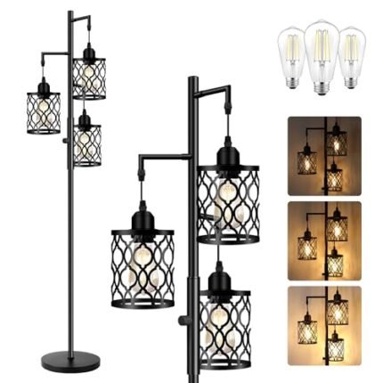 ROTTOGOON Dimmable Farmhouse Floor Lamp, Industrial Floor Lamp for Living Room with 3 X 6W LED Bulbs, 3 Light Rustic Standing Tall Lamp for Bedroom, Office, 68"