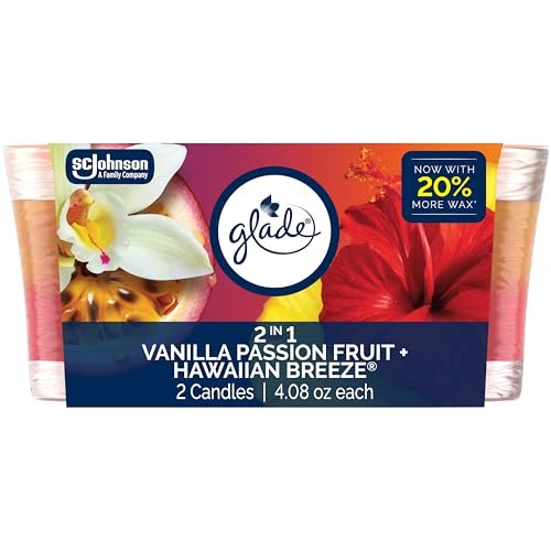 Glade 1-Wick Scented Candle Jar, 2-in-1 Hawaiian Breeze & Vanilla Glade 1-Wick Scented Candle Jar, 2in1 Hawaiian Breeze & Vanilla Passion Fruit, Air Freshener Infused with Essential Oils, 4.08 Oz, 2 Count
