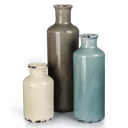 CUCUMI Set of 3 Ceramic Flower Vases: Rustic Coastal Decor CUCUMI Ceramic Flower Vases Set of 3, Rustic Coastal Home Decor for Farmhouse Shelves, Ocean Beach Style, Mantle, Fireplace, Coffee Table, Shelf for Living Room