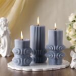 MTLEE 3 Pcs 4.7, 4.2, 3.2 in Height, Small Ribbed Pillar Candles Scented Aesthetic Modern Decorative Soy Wax Candles for Wedding Dinner Christmas Home Decor(Blue)