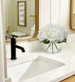 Hollyone White Hydrangea Artificial Flowers in Glass Vase with Faux Water for Home Decor. - Image 4
