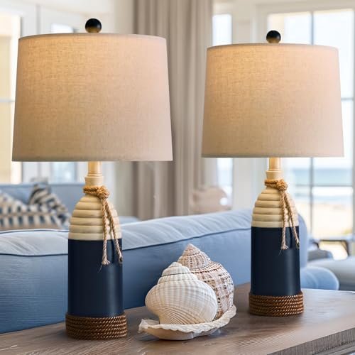 41i-TB7a2VL._SL500_.jpg OYEARS Set of 2 Table Lamps - 23.75" Nautical Bedside Lamps, Coastal Ocean Style in Navy Blue. - Image 4