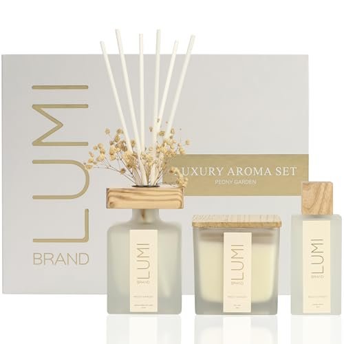 Luxury Aroma Gift Set: Reed Diffuser (200ml), Soy Candle (200g), Luxury Aroma Set | Scented Reed Diffuser (200ml), Scented Wood Wick Soy Candle (200g), Aroma Room Spray (50ml), Includes Dried Flowers, 8 Reed Sticks - Home Fragrance Gift Set (Peony Garden)