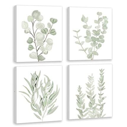 FRAMED Botanical Plant Canvas Wall Art,Boho Plant Wall Decor for Bedroom,Minimalist Floral Prints for Living Room,Light Green Botanical Art Painting for Office,Set of 4,8”x 10”