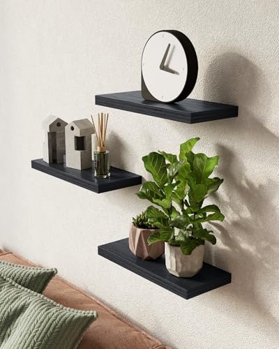 41kgnYNSiL._SL500_.jpg BAYKA Floating Wall Shelves - Rustic Black Wood Shelves for Bathroom, Bedroom, Living Room, Kitchen (Set of 3, 15.7in) - 22lbs Capacity for Books & Decor. - Image 2