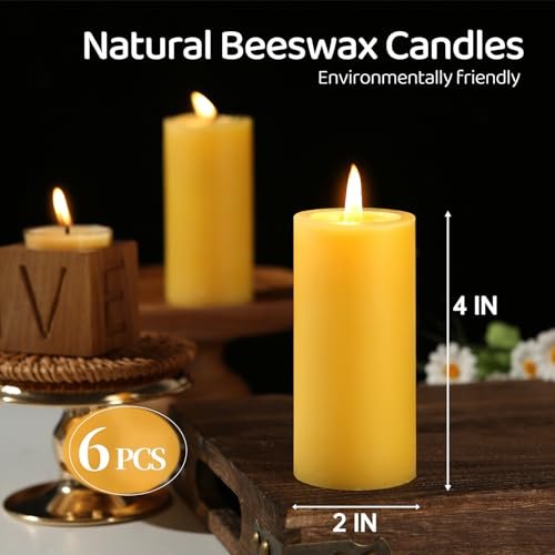 41owahIcK1L._SL500_.jpg 6-Pack 100% Pure Beeswax Pillar Candles - 210-Hour Burn Time, Organic, Unscented, Dripless & Smokeless, Perfect for Home & Events, 2x4 in Size. - Image 2