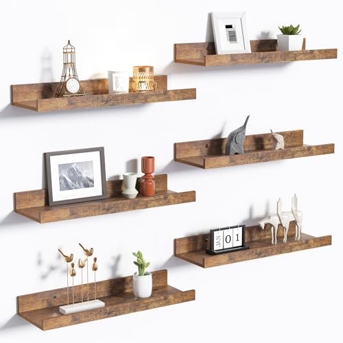 Upsimples Floating Wall Shelves Set of 6 - Wooden Decor upsimples Floating Shelves for Wall, Wall Shelves for Decor Storage Set of 6, Wall Mounted Wood Shelves for Bedroom, Living Room, Bathroom, Kitchen, Picture Ledge Shelves, Brown