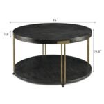 Ripros 35-Inch Round Coffee Table with Wheels, 2-Tier Rustic Design, Textured Wood & Gold Legs - Image 2