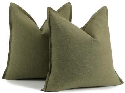 Hckot Spring Decorative Linen Throw Pillow Covers 18 x 18 Ramie Farmhouse Neutral Couch Throw Pillows for Bed Sofa Living Room Accent Boho Home Decor, Geeen