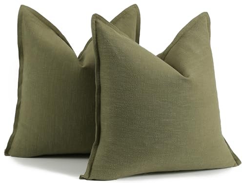 Hckot 18x18 Farmhouse Ramie Throw Pillow Covers - Neutral Green Hckot Spring Decorative Linen Throw Pillow Covers 18 x 18 Ramie Farmhouse Neutral Couch Throw Pillows for Bed Sofa Living Room Accent Boho Home Decor, Geeen