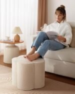 Blissful Diary Floral Pouf Ottoman - Comfy Off-White Floor Seating for Living Room, Bedroom, Kids Room - Image 5