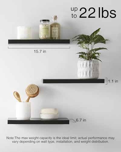 41xgqfNl-LL._SL500_.jpg BAYKA Floating Wall Shelves - Rustic Black Wood Shelves for Bathroom, Bedroom, Living Room, Kitchen (Set of 3, 15.7in) - 22lbs Capacity for Books & Decor. - Image 5