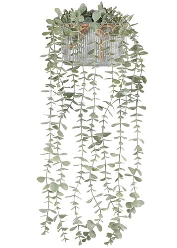 Mkono Fake Hanging Plants in Farmhouse Galvanized Pots Rustic Faux Potted Eucalyptus Greenery Indoor Artificial Plants for Book Shelf Mantel Living Room Bathroom Bedroom Home Office Decor (1, Grey)