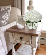Hollyone White Hydrangea Artificial Flowers in Glass Vase with Faux Water for Home Decor. - Image 5