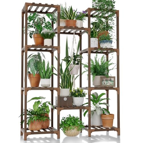 Bamworld Indoor/Outdoor Tall Plant Stand - Wood Shelf for Multiple Bamworld Plant Stand Indoor Outdoor Tall Plant Shelf for Multiple Plants Pots Wood Flower Stand Large Flower Holder for Living Room, Patio, Balcony, Garden Decor, Brown