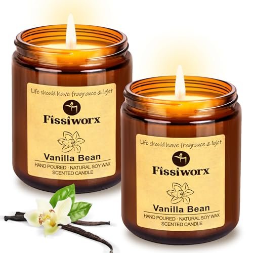 Fissiworx Vanilla Scented Candle Set (2 Pack) - Odor Eliminating, Fissiworx Vanilla Scented Candle Set 2 Pack, Candle for Home Scented, Odor Eliminating, Stress Relief, 15oz, 110 Hours Long Lasting Soy Wax Gift Set for Women