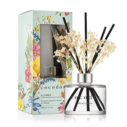 COCODOR Flower Reed Diffuser Set / 6.7oz / White Jasmine/Scent Diffuser with Sticks Home Fragrance Reed Diffuser for Bathroom Shelf Decor