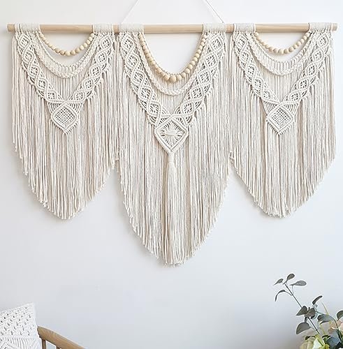Large Achart Macrame Wall Hanging - Boho Tapestry Wall Decor Achart Macrame Wall Hanging Large- Boho Wall Decor- large wall art- Wall Decor Living Room- Macrame Tapestry Boho Decor for Bedroom (Wooden Bead)