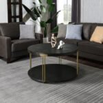 Ripros 35-Inch Round Coffee Table with Wheels, 2-Tier Rustic Design, Textured Wood & Gold Legs - Image 3